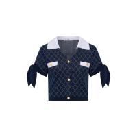 ราคา ASV ( SS25 ) เสื้อเบลาส์ผู้หญิง แขนสั้น ผ้าไหมพรมถักลายสีเหลี่ยม สีกรมท่า S (MKP1961650)