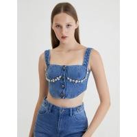 ราคา KLOSET (RS24)เสื้อยีนส์สายเดี่ยว แต่งอะไหล่เพรชใต้อก สำหรับผู้หญิง สีฟ้า L (MKP1632843)