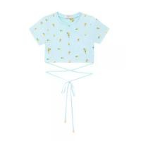 ราคา KLOSET (RS23)เสื้อยืดตัวสั้น เชื้อกผูกเอว แต่งดีเทลดอกทานตะวัน สีฟ้า M (MKP1423833)