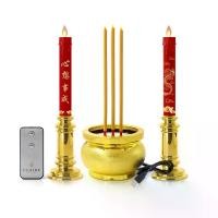 ราคา Claire Candle ชุดธูปเทียนไฟฟ้า LED ธูปไฟฟ้า 3 ดอก 30 ซม. สีทอง พร้อมเทียนไฟฟ้า 30 ซม. สองระบบ แบบใส่ถ่าน หรือสายUSB สีแดงฐานทอง รีโมท (MKP0948315)