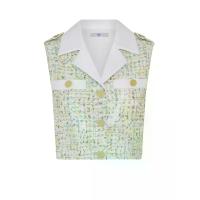 ราคา ASV ( SS25 )เสื้อผู้หญิง ทรงครอป แขนกุด แต่งคอปก แต่งกระเป๋าและกระดุมทองด้านหน้า ผ้าทวีต สี Lemon Green M (MKP2090321)