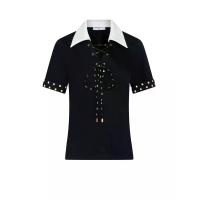 ราคา ASV ( SS25 )เสื้อยืดผู้หญิง แขนสั้น คอปกและปลายแขนเสื้อแต่งผ้าทวีต ดีเทลเชือกร้อยไขว้ด้านหน้า สีดำ S (MKP2090331)