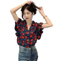 ราคา Forever 25 เสื้อลายดอกแดงแขนระบาย คอปกวี (349514-633940010)
