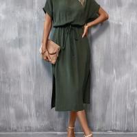 ราคา TEMU เดรสคอกลมสีพื้น สง่างาม แขนสั้น เอวยืดหยุ่น ผ่าชายกระโปรง ทรงเอ เหมาะสำหรับฤดูใบไม้ผลิและฤดูร้อน เสื้อผ้าผู้หญิง (17592407468962)