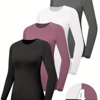 ราคา TEMU 4 ตัว เสื้อยืดรัดรูปผู้หญิง แขนยาว สีพื้น เสื้อชั้นในออกกำลังกาย เสื้อกล้ามกีฬา เสื้อผ้าออกกำลังกายผู้หญิง (17592318362496)