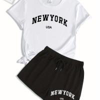 ราคา TEMU ชุดกีฬาผู้หญิง ลำลอง เสื้อยืดแขนสั้นระบายอากาศได้ดี & กางเกงขาสั้นแห้งเร็ว พิมพ์ลายนิวยอร์กแฟชั่น ชุด 2 ชิ้น (17592405114489)