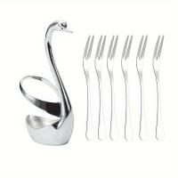 ราคา TEMU ชุด 7 ชิ้น, ส้อมผลไม้สแตนเลส, ส้อมขนม, ส้อมสองฟันสำหรับเค้ก, ชั้นวางจานอาหารสร้างสรรค์รูปหงส์, 5.87 นิ้ว, สีเงิน (17592422631718)