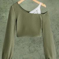 ราคา TEMU เสื้อทีเชิ้ตแขนยาวไหล่โปร่ง ตกแต่งด้วยลูกไม้สีเบอร์กันดี - คอเสื้อลายตาราง ขอบลูกไม้สีแดงเลือดหมูและขาว ซักเครื่องได้ เหมาะสำหรับฤดูใบไม้ผลิ-ฤดูร้อน งานแต่งงาน และชุดชายหาด (ไม่มีแผงโปร่ง) (17592