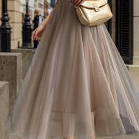 ราคา TEMU กระโปรงยาวทรงเอ เอวสูง สไตล์แฟนเทส กระชับ ทรงบานใหญ่ ทำจากผ้าโปร่งสามชั้น (17592370196888)