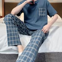 ราคา TEMU เซ็ตชุดนอนลายสก๊อตสีน้ำเงินยูงสำหรับผู้ชายพร้อมกระเป๋า - นุ่ม และมีสไตล์ เสื้อคลุมแขนสั้นและกางเกงยาวสำหรับฤดูใบไม้ผลิ/ฤดูใบไม้ร่วง (17592502319574)