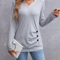 ราคา TEMU เสื้อยืดแขนยาวคอวีแฟชั่นผู้หญิง ดีเทลกระดุม (17592599136866)