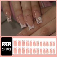 ราคา TEMU เซ็ตเล็บปลอม 24 ชิ้น ลายดอกไม้สวยหรู สไตล์ฝรั่งเศส ประดับพลอย Rhinestones สว่างเงางาม กันน้ำ ถอดออกได้ มาพร้อมกาวเจลลี่และตะไบ (17592270042750)