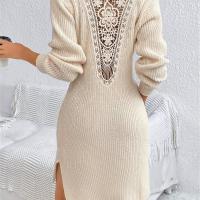 ราคา TEMU ชุดเดรสผ้าถักลูกไม้ Guipure สไตล์ฝรั่งเศส เสื้อสเวตเตอร์ แต่งชายเสื้อผ่าข้าง ไม่มีเข็มขัด (17592503421484)