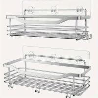 ราคา TEMU ตะกร้าแขวนอาบน้ำพร้อมตะขอ 5 ตัว, ชั้นวางของติดผนังแบบกาว, สแตนเลสกันสนิม, ไม่ต้องเจาะผนัง, เหมาะสำหรับห้องน้ำ, ห้องสุขา, ห้องครัว - 2 ชิ้น (17592298569096)