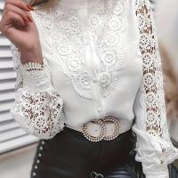 ราคา TEMU เสื้อลูกไม้คอนทราสต์สีพื้น คอจีนแขนยาว สง่างาม เสื้อผ้าผู้หญิง (17592210020673)