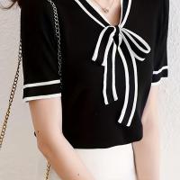 ราคา TEMU เสื้อผู้หญิงคอวีพร้อมโบว์ไท - เสื้อลายทางแขนสั้นพร้อมสายรัดเอวปรับได้, บลาวส์สบายๆ ยืดหยุ่นปานกลางสำหรับฤดูใบไม้ผลิ ฤดูร้อน และฤดูใบไม้ร่วง, สามารถซักเครื่องได้ (17592208110308)
