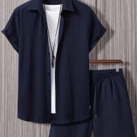 ราคา TEMU เสื้อเชิ้ตแขนสั้นผู้ชายสีพื้นตัวเรียบแบบปุ่มคลาย สบายๆ ชุดเซ็ต (17592225808053)
