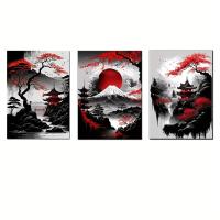 ราคา TEMU 3ชิ้น ภาพวาดผ้าใบภูมิทัศน์ธรรมชาติญี่ปุ่นแบบไม่มีกรอบ สีดำและแดง โปสเตอร์ศิลปะหมึกวินเทจ ภาพพิมพ์ศิลปะผนังสำหรับห้องนั่งเล่น ห้องนอน ตกแต่งบ้าน ไม่มีกรอบ 12x16นิ้ว/30x40ซม (17592230227210)