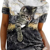ราคา TEMU เสื้อยืดรูปแบบหินอ่อนแมวน่ารัก, เสื้อยืดฤดูร้อนแขนสั้นรูปกลมสไตล์คลู, เสื้อผู้หญิง (17592199592275)
