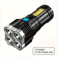 ราคา TEMU ไฟฉาย LED อเนกประสงค์แบบชาร์จไฟได้ 1 ชิ้น, ไฟฉาย 4 LED กำลังสูงพร้อมไฟข้าง COB, 4 โหมด, สำหรับการตั้งแคมป์และกิจกรรมกลางแจ้ง, อุปกรณ์ตั้งแคมป์ IPX4 (17592403557674)