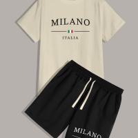 ราคา TEMU ITALIA พิมพ์ตัวอักษร ชุดผู้ชาย 2 ชิ้น เสื้อยืดคอกลมแขนสั้นและกางเกงขาสั้นพร้อมเชือกผูกเอว เหมาะสำหรับฤดูร้อน กีฬากลางแจ้ง (17592456490462)