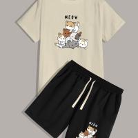 ราคา TEMU เซ็ตเสื้อผ้าผู้ชายลายแมวน่ารัก 2 ชิ้น: เสื้อยืดโพลีเอสเตอร์สบาย & กางเกงขาสั้นมีเชือกผูก - เหมาะสำหรับฤดูร้อน, สามารถซักในเครื่องได้ (17592463521450)