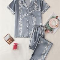 ราคา TEMU ชุดนอนผ้าซาตินลายดอกไม้สำหรับผู้หญิง 2 ชิ้น, เสื้อแขนสั้นปุ่มและกางเกงเอวยางยืด (17592674331892)