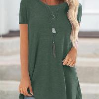 ราคา TEMU เสื้อยืดแขนสั้นคอกลมและคอวีทรงยาวสีพื้นสำหรับผู้หญิง (17596398513718)