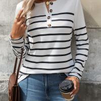 ราคา TEMU เสื้อยืดลายทางสตรีชิคพร้อมปุ่มครึ่งด้าน - แขนยาว, คอกลม, ผ้าโพลีเอสเตอร์ยืดหยุ่น, ซักเครื่องได้ - ดีไซน์สีขาวและดำที่หรูหราสำหรับทุกฤดูกาล (17592511059599)