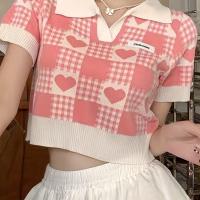 ราคา TEMU เสื้อสเวตเตอร์แขนสั้นลายตารางหมากรุก "Love Checkered" เสื้อโปโลผู้หญิงฤดูร้อน ดีไซน์หวาน ลดอายุ (17592243966088)