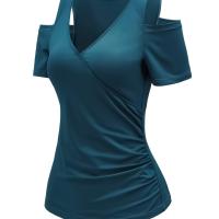 ราคา TEMU เสื้อยืดแขนสั้นเปิดไหล่ จับจีบ (17592332242683)