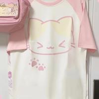 ราคา TEMU เสื้อยืดคอกลมลายแมวน่ารัก Y2K สำหรับผู้หญิง - สีชมพูและขาว ลายแขนสั้น, เสื้อทีเชิ้ตฤดูร้อนที่สามารถซักเครื่องได้, เสื้อแมวสำหรับใส่ๆ ในช่วงปลายสัปดาห์, ดีไซน์สนุกสนาน, รายละเอียดปะเก็บ (175924555