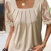 ราคา TEMU เสื้อแขนสั้นคอวี ทรงสี่เหลี่ยม ทรงสวยหรู สำหรับผู้หญิง, แต่งลายปักสีพื้นและลูกไม้ (17592704154345)