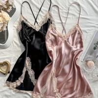 ราคา TEMU ชุดนอนเซ็กซี่ ผ้าซาตินลูกไม้ขอบ 2 ชิ้น - ชุดเดรสคลุมหลังเปิด คอวี สายไขว้ ระบายชายเสื้อ - สวมใส่ (17592840878636)