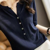 ราคา TEMU เสื้อยืดคอวีแขนสั้นสีพื้นเนื้อนุ่ม ทรงหลวม แฟชั่นผู้หญิง สไตล์ (17592531840691)