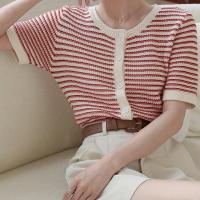 ราคา เสื้อคาร์ดิแกนสั้นแขนสั้นลายทางสีแดงสไตล์ฝรั่งเศสสุดชิคสำหรับผู้หญิง เสื้อคลุมคอกลมสไตล์วินเทจคลาสสิกหรูหราสำหรับฤไม้ร่วง (17592489388092)