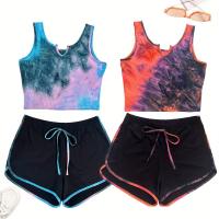 ราคา ชุดเซ็ต 2 ชุด เสื้อกล้ามสีตกแต่งลายทางสวยหรู และกางเกงขาสั้น สไตล์ไหมพรม (17592743454828)