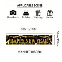 ราคา ป้ายปีใหม่สุขสันต์ - 1 ชิ้น ธงพอลิเอสเตอร์ขนาด 300 ซม. สำหรับประดับในและนอกอาคาร, ป้ายปีใหม่สีดำและสีทอง, ไม่ต้องใช้ไฟฟ้า (17592842415103)