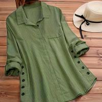 ราคา เสื้อสตรีแขนยาวลายทางสีพื้น ปุ่มกระดุม กระเป๋าปลอม สำหรับฤไม้ผลิ/ใบไม้ร่วง (17592241677819)