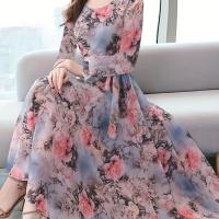 ราคา ชุดเดรสผ้าชีฟองแขนยาวลายคอกลม (17592628106305)