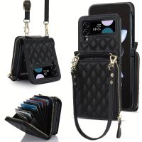 ราคา เคสโทรศัพท์ - กระเป๋าสตางค์หนังเทียมแบบสะพายข้างซิป, ช่องใส่บัตร, ที่ใส่สาย, และเคสกันกระแทกแบบพับได้ ออกแบบมาสำหรับ Samsung Galaxy Z Flip รุ่น 6, 5, 4 และ 3 (17592719790687)