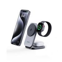 ที่ชาร์จไร้สาย AUKEY 3-in-1 Qi2 Foldable Magnetic Stand 15W + Wall USB Charger 1 USB-C (30W) Gray (L