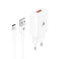 อะแดปเตอร์ KING KONG Wall USB Charger USB-A (2.4A/12W) + USB-A to USB-C Cable 1M. White (AU-50) (885