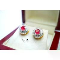 ราคา ARkenshop1 S.R. ต่างหูทอง ต่างหูทับทิม เม็ดละ 0.30 กะรัต ล้อมเพชร 2 ชั้น เพชรน้ำ100 ขาวสวยไฟดี พร้อมใบรับรองสินค้า เคลือบทองคำแท้10 ขายร้อน (1731208300306859643)