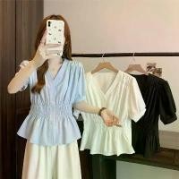 ราคา เสื้อผ้าผู้หญิง ลูกไม้ชีฟอง แขนสั้น ไซส์จริง ไซส์ใหญ่ ฤดูร้อน 2025 มาใหม่ เอวยกกระชับ ดีไซน์จีบ สีพื้น เสื้อแขนสั้น มีสีขาว สีดำ และสีน้ำเงิน (1731239963008992315)