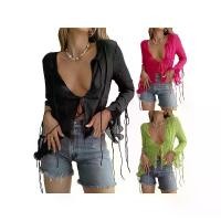 ราคา เสื้อผู้หญิง แขนยาว สีพื้น ซีทรู ผูกโบว์ เสื้อนัวเนีย สำหรับสุภาพสตรี มีสีดำ/แดงกุหลาบ/เขียว (1732334599019924025)