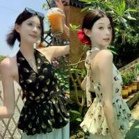 ราคา Molly เสื้อผ้าแฟชั่นสตรี (8K186-2) เสื้อคล้องคอ เว้าหลัง ลายสับปะรด สีขาวดำ (1731723536553314059)