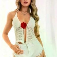 ราคา Crop TC2428 เสื้อคล้องคอ ผูกหน้า ถักไหมพรม ดอกแดง (1731719048305542206)