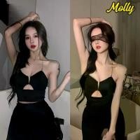 ราคา Molly เสื้อผ้าแฟชั่นสตรี FY1165 เสื้อคล้องคอ ไม่มีฟองน้ำ เว้าเอว สีดำพื้นๆ เซ็กซี่เร้าใจ มินิสไตล์ รัดตามตัว (1731018299031522059)