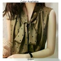 ราคา เสื้อเชิ้ตผู้หญิง ผูกคอ โบว์ เสื้อเชิ้ตผ้าซาติน พิมพ์ลายจุด ทรงหลวม แขนกุด (1731229365694465689)